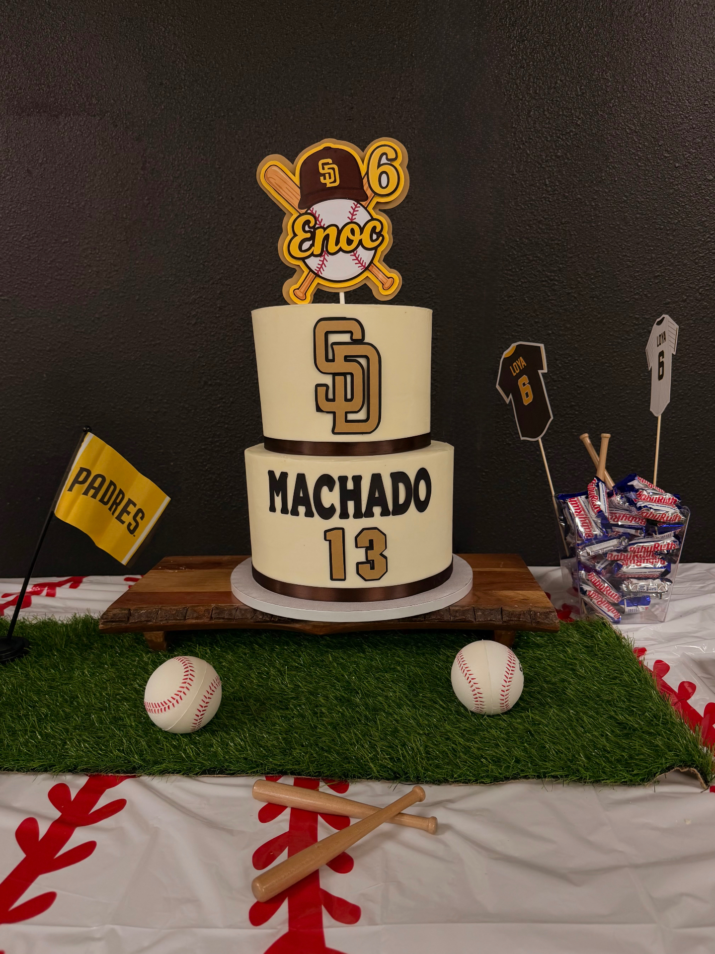 Two-tier San Diego Padres themed birthday cake